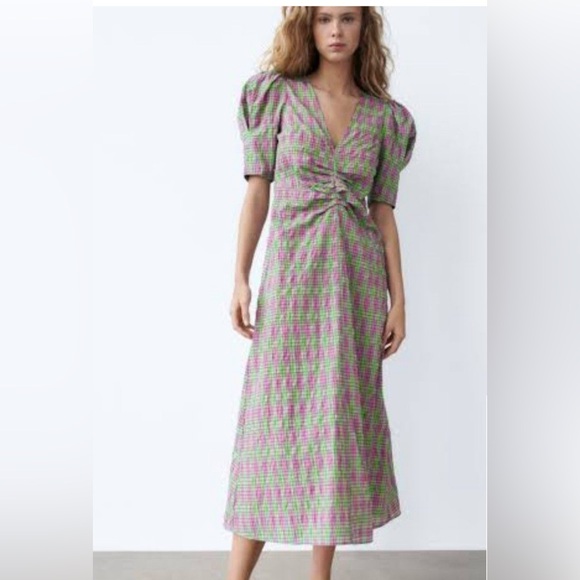 Zara Purple Plaid Puff Sleeve Midi Green/Pink Ruched Front Sz L - Picture 6 of 6